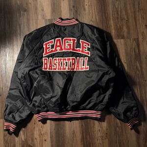 Vintage Mens Black Eagle Basketball Satin Bomber Jacket Red White Stripe Size L